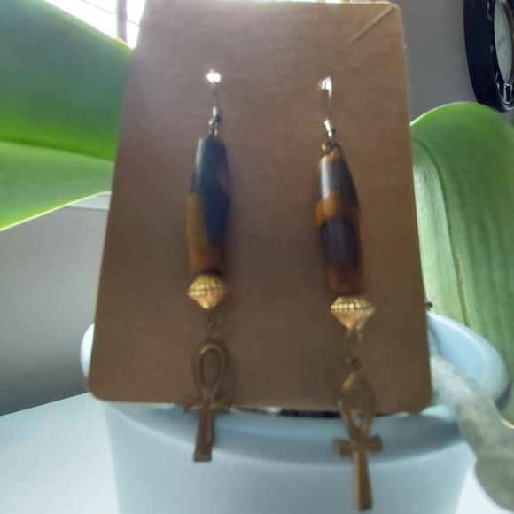 Wooden gold rone dangle with cross hanging earring; size: 3" long - Picture 2 of 4